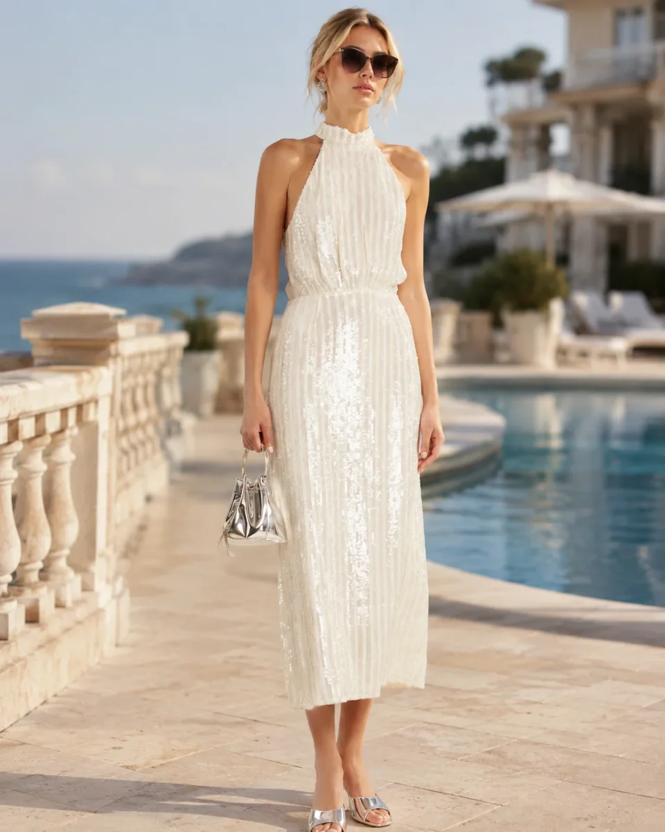 Rixo London Bridal White Vivienne High Neck Sequinned Sleeveless Dress - Imagen 2