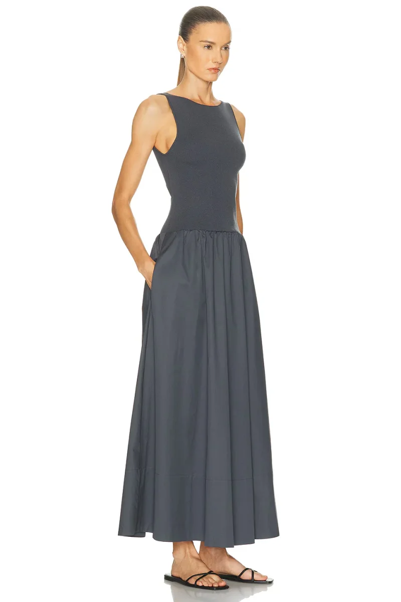 St Agni Grey Poplin Bateau Cut Out Dress - Imagen 9