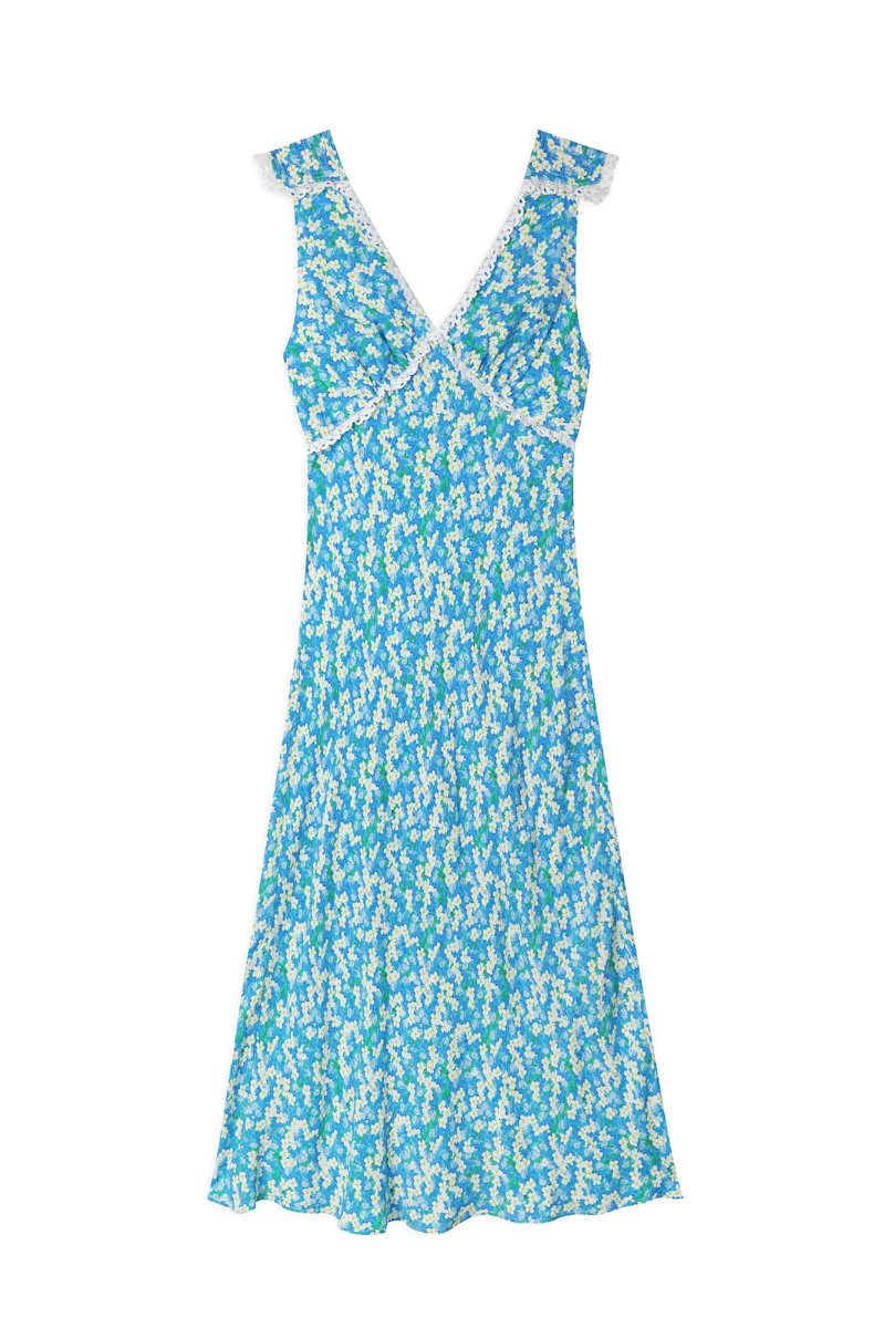 Rixo London Storm Blue Floral Lace Trim Sleeveless Crepe Dress - Imagen 3