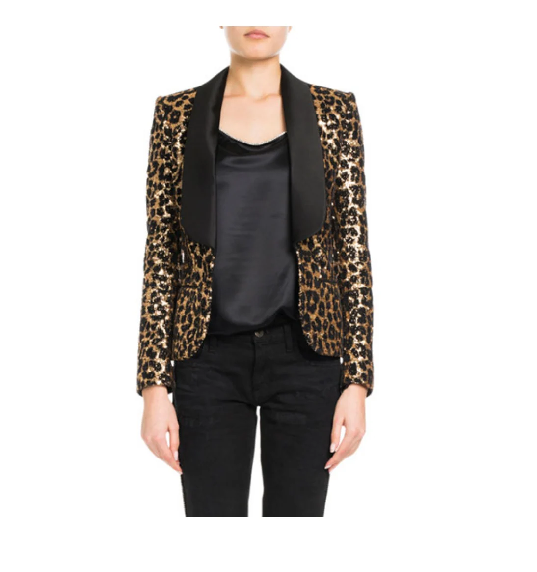 REDEMPTION Shawl Lapel Leopard-Print Sequins Smoking Blazer - Imagen 3