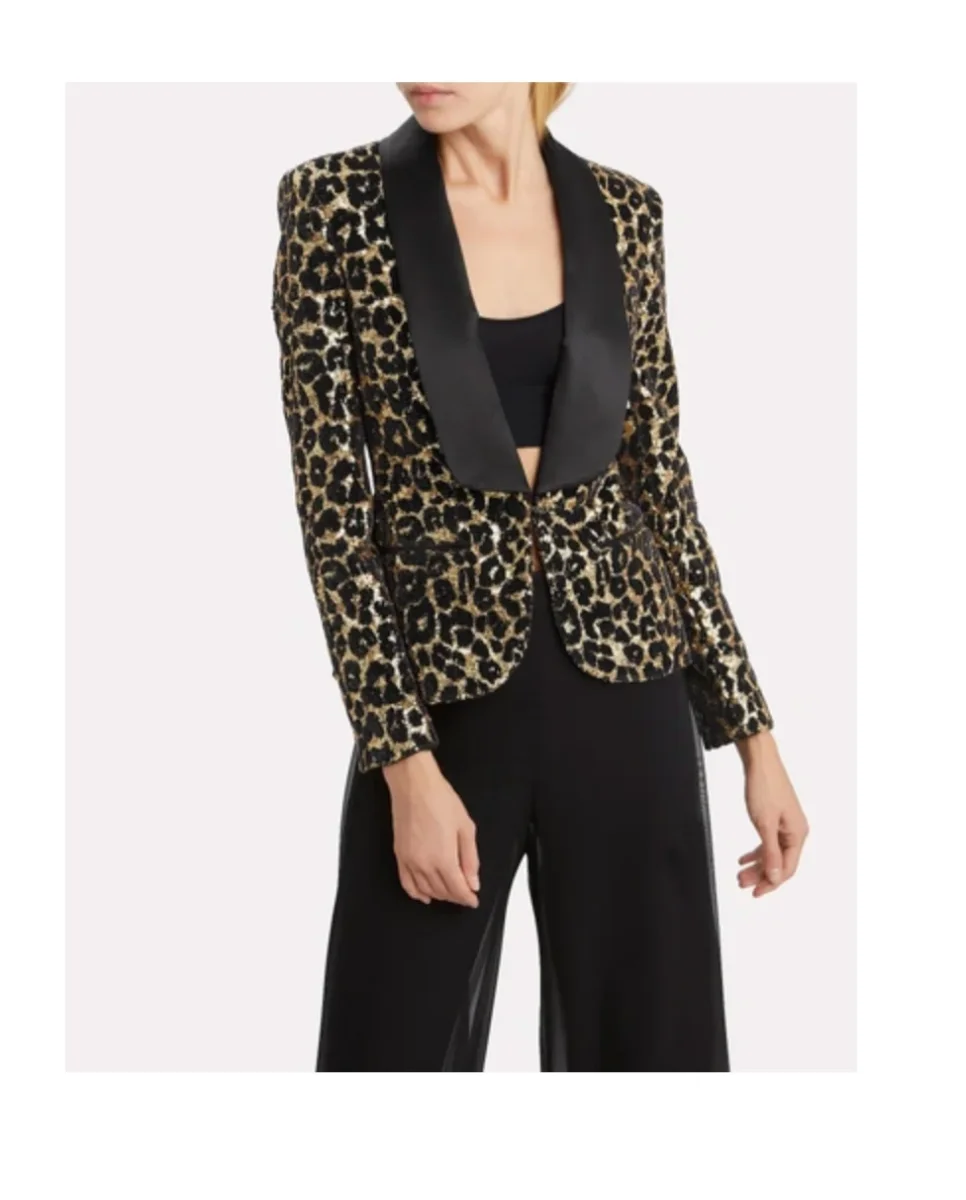 REDEMPTION Shawl Lapel Leopard-Print Sequins Smoking Blazer - Imagen 6