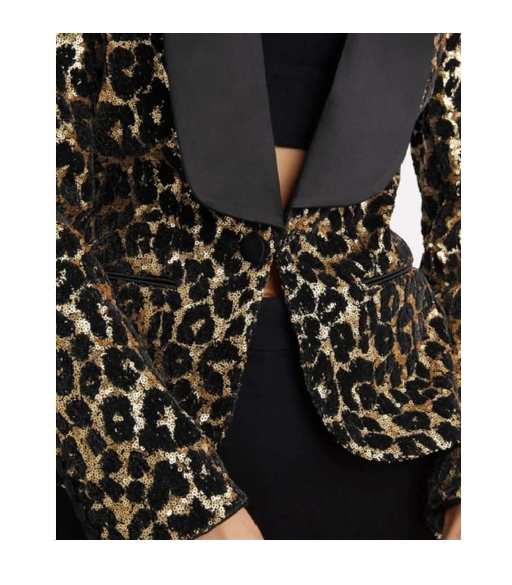 REDEMPTION Shawl Lapel Leopard-Print Sequins Smoking Blazer - Imagen 4