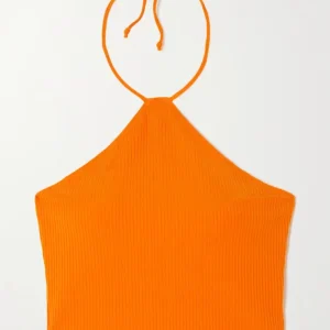 Reformation Aversa Cropped Ribbed Stretch-Knit Halterneck Top In Orange