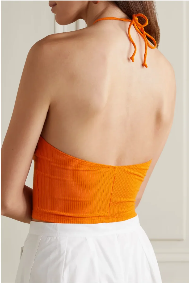 Reformation Aversa Cropped Ribbed Stretch-Knit Halterneck Top In Orange - Imagen 4