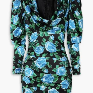 ALESSANDRA RICH Draped Floral Print Black Blue Silk Satin Mini Dress