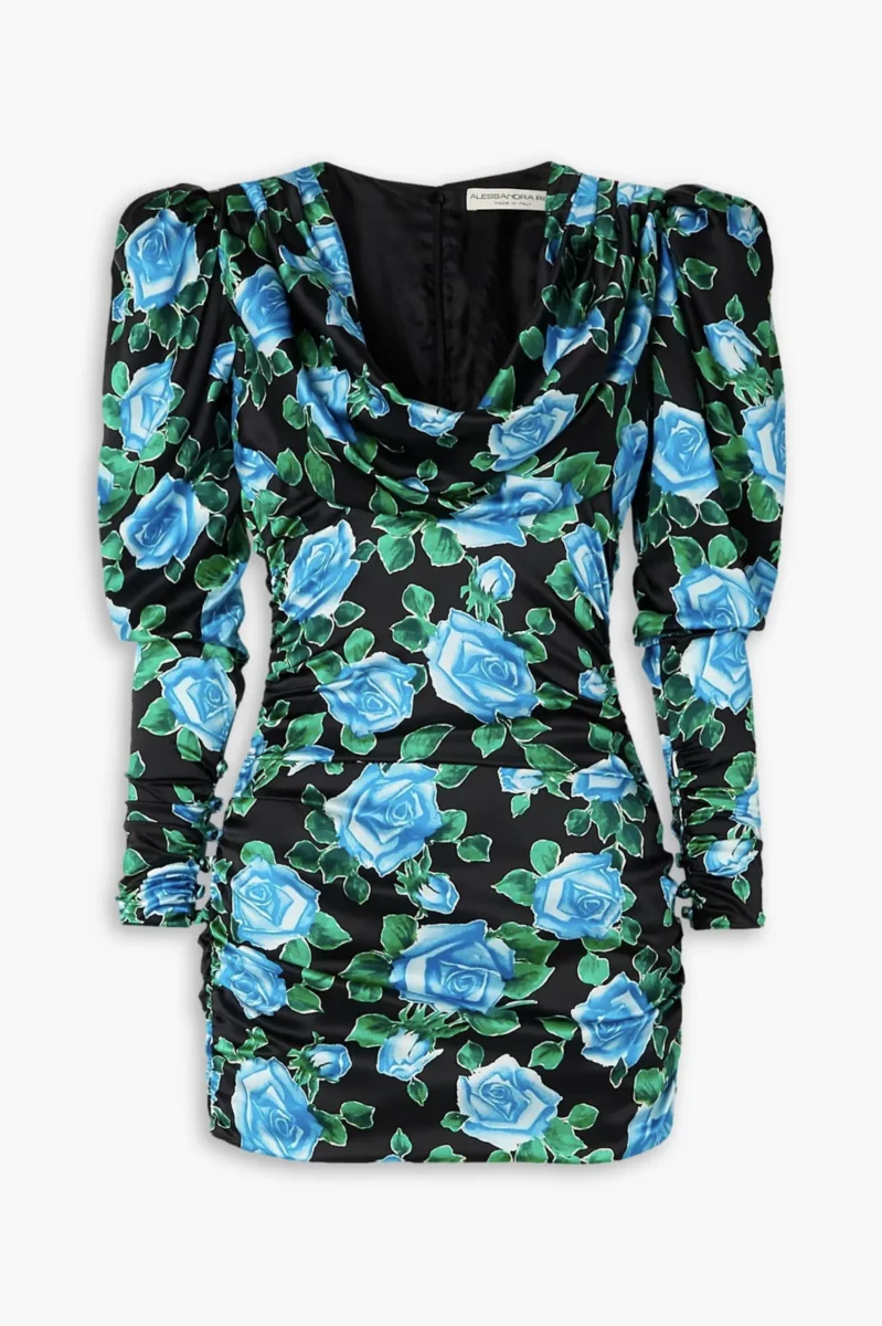 ALESSANDRA RICH Draped Floral Print Black Blue Silk Satin Mini Dress