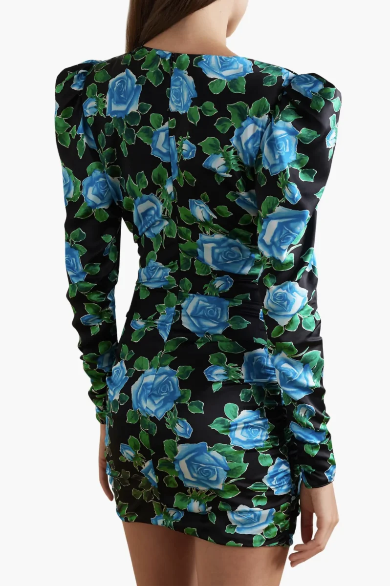 ALESSANDRA RICH Draped Floral Print Black Blue Silk Satin Mini Dress - Imagen 5