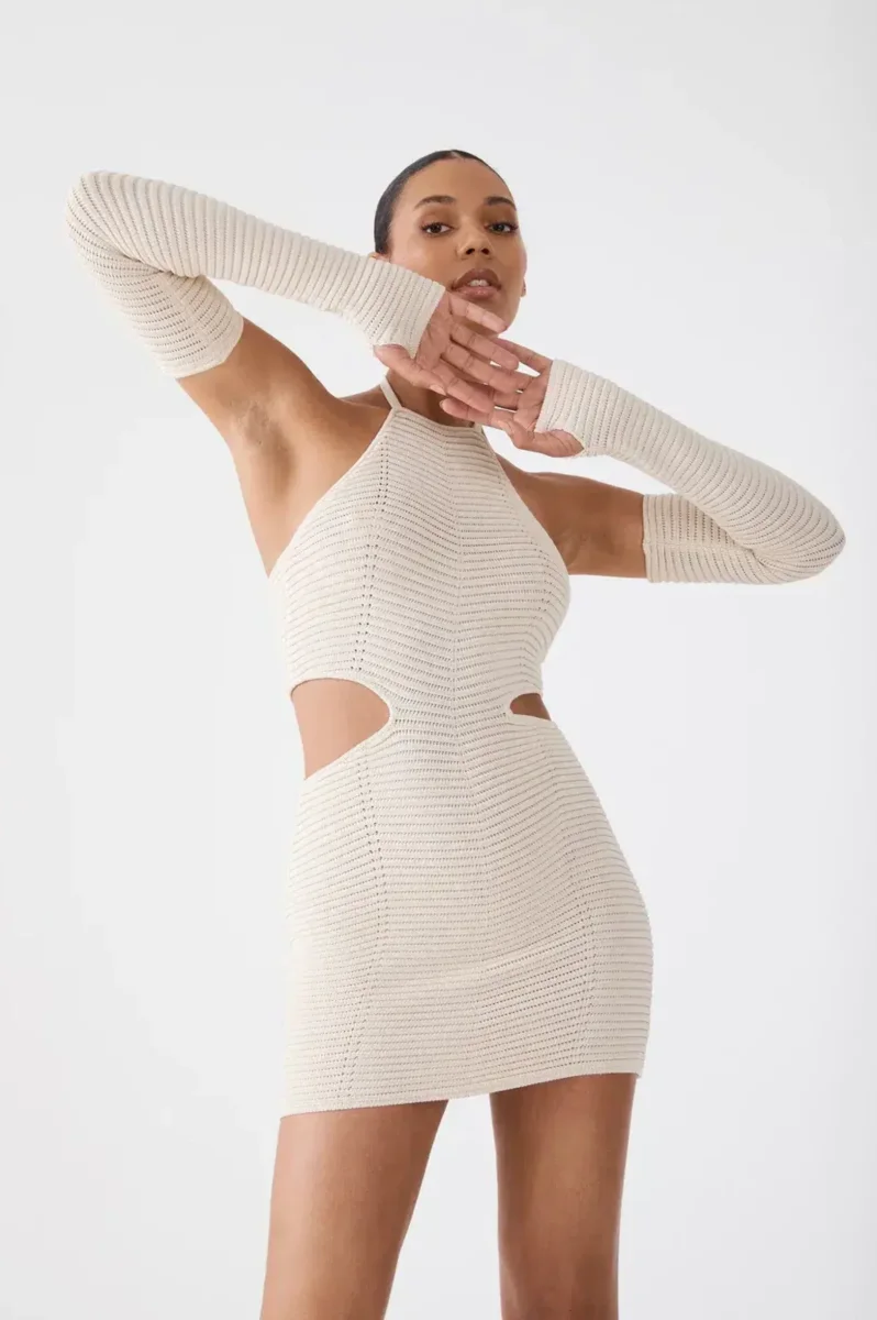 SAN SLOANE Maele Knit Cut-Out Long Sleeve Halterneck Mini Dress