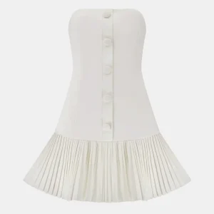 Odd Muse White The Ultimate Button Up Strapless Pleat Hem Mini Dress