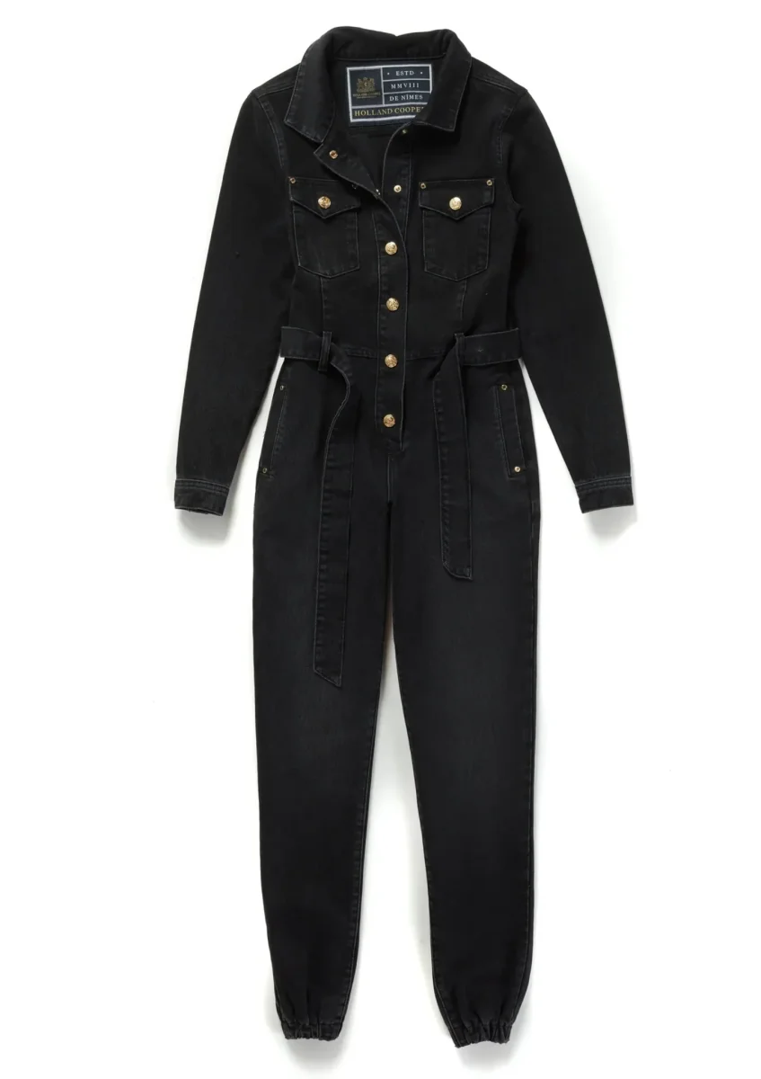 Holland Cooper Denim Gold Button Detail Jumpsuit in Washed Black - Imagen 3