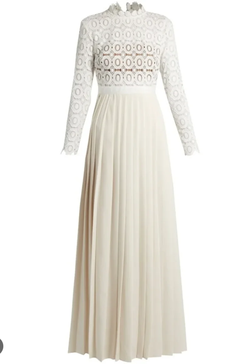 Self-Portrait White Pleated Crochet Floral Maxi Dress - Imagen 3