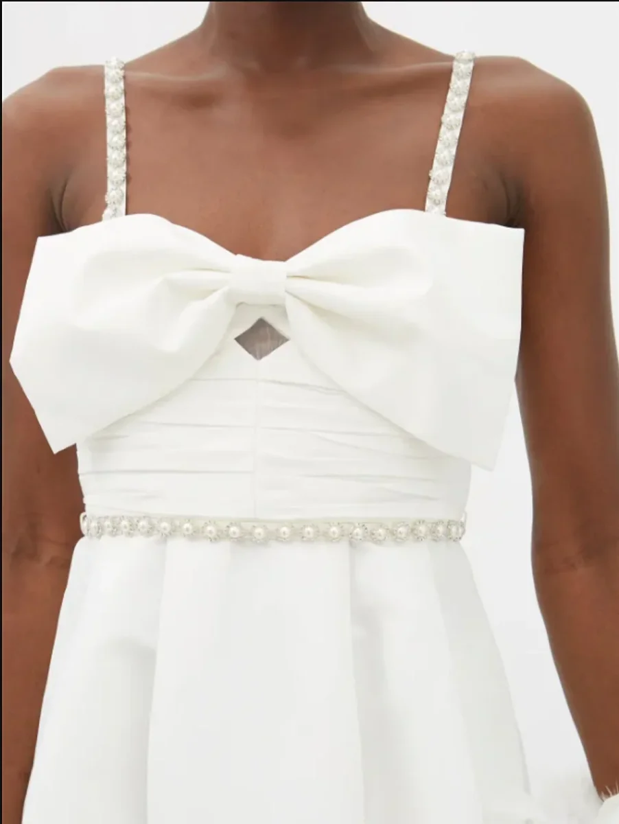 Self-Portrait White Bow Front Embellished Strap Taffeta Mini Dress - Imagen 4