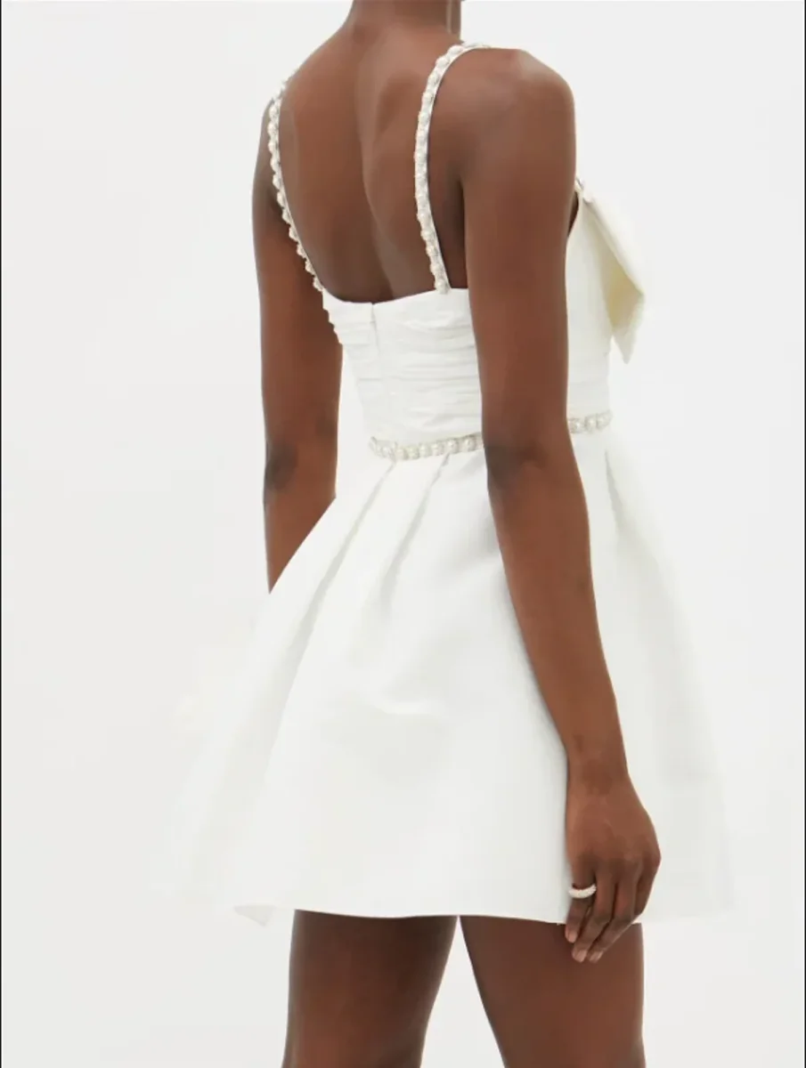 Self-Portrait White Bow Front Embellished Strap Taffeta Mini Dress - Imagen 5