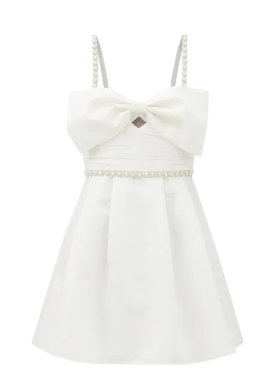 Self-Portrait White Bow Front Embellished Strap Taffeta Mini Dress - Imagen 3