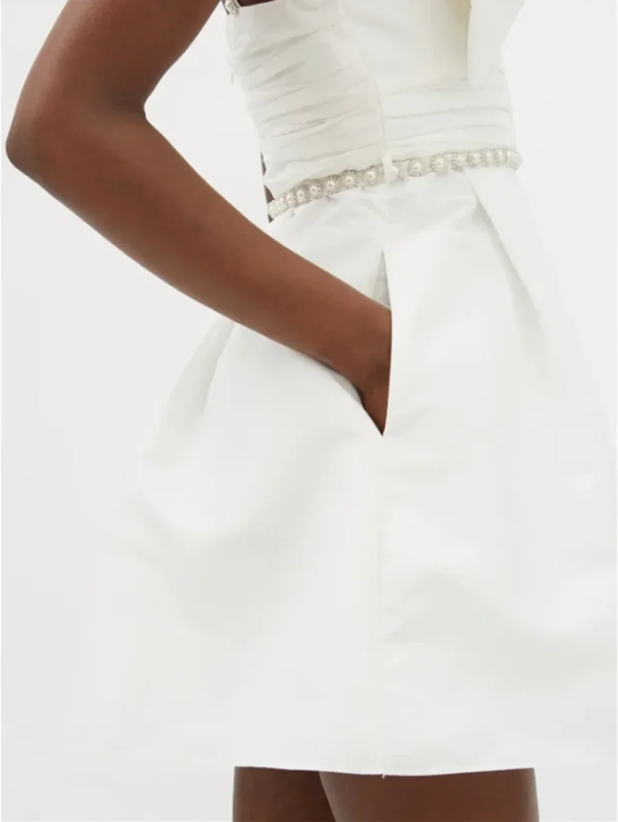 Self-Portrait White Bow Front Embellished Strap Taffeta Mini Dress - Imagen 7
