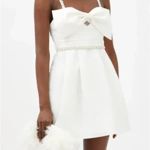 Self-Portrait White Bow Front Embellished Strap Taffeta Mini Dress