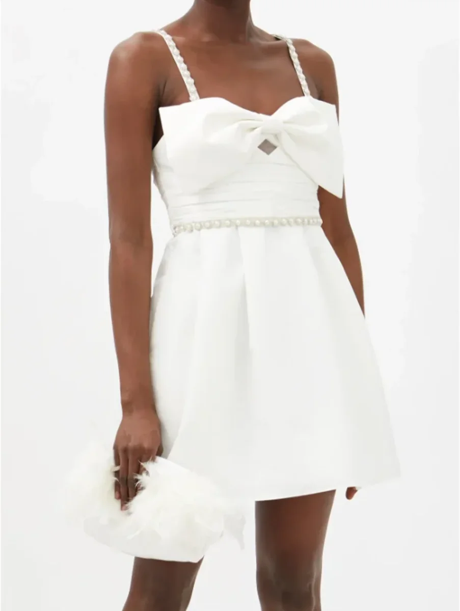 Self-Portrait White Bow Front Embellished Strap Taffeta Mini Dress - Imagen 2