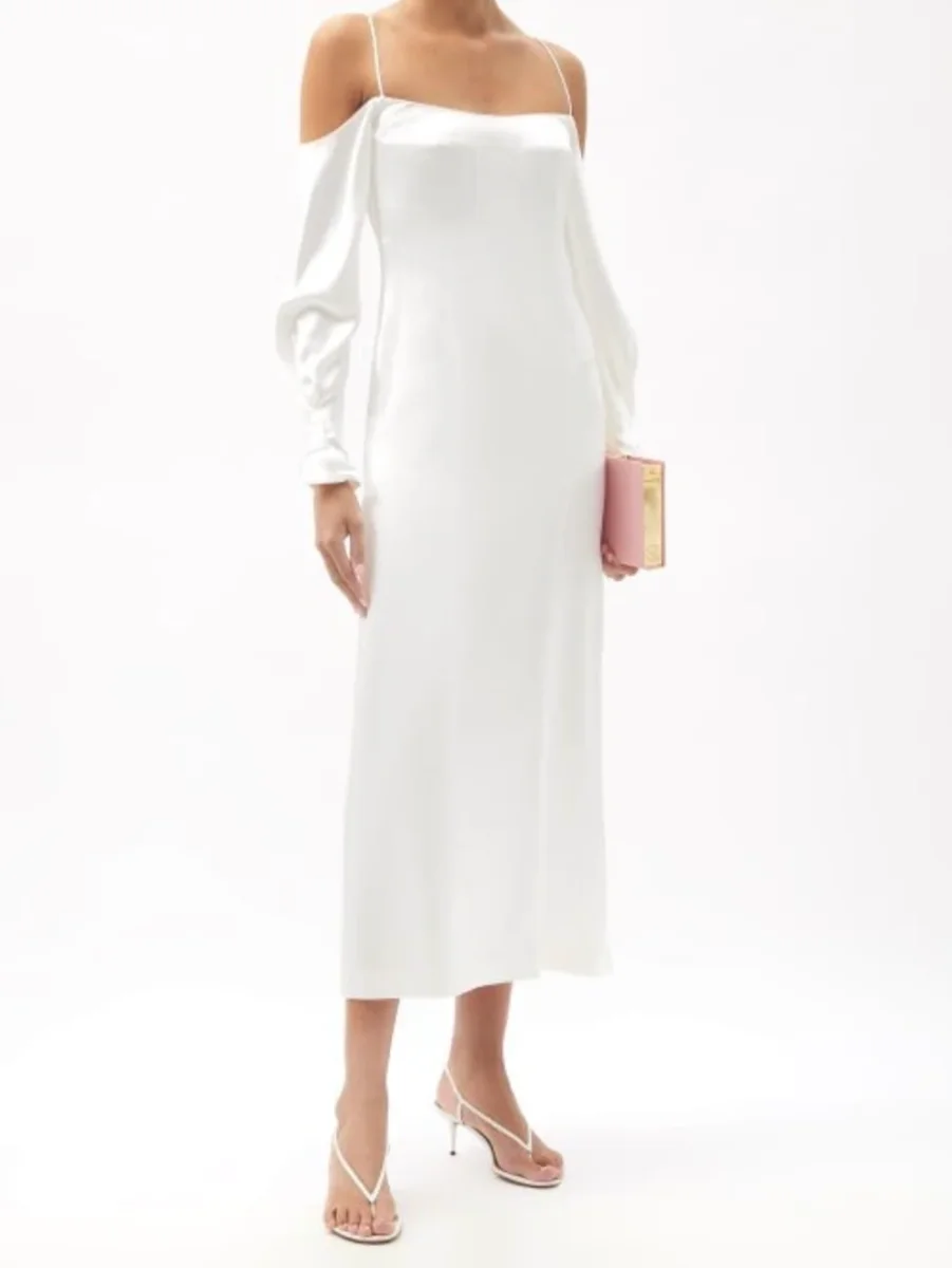 Galvan Bridal White Valencia Off Shoulder Silk Satin Wedding Dress - Imagen 6
