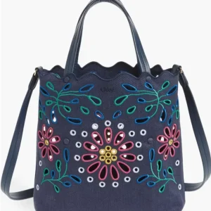 Chloé Kamilla North/South Floral Broderie Anglaise Embroidered Linen Tote Crossbody Handbag