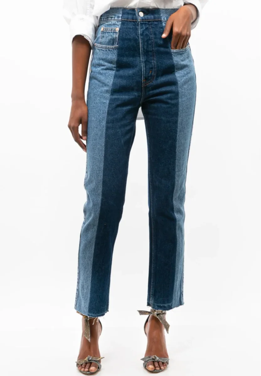 E.L.V. Denim The Twin Frayed Two-Tone High-Rise Straight-Leg Jeans - Imagen 2