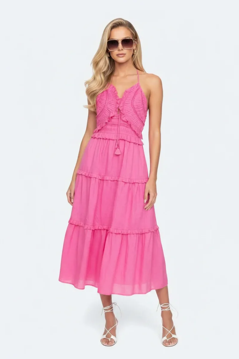 Sea New York Pink Cole Smocked Halterneck Ramie Dress - Imagen 2