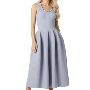 Self-Portrait Light Blue Crystal Embellished Ribbed Stretch Knit Midi Dress