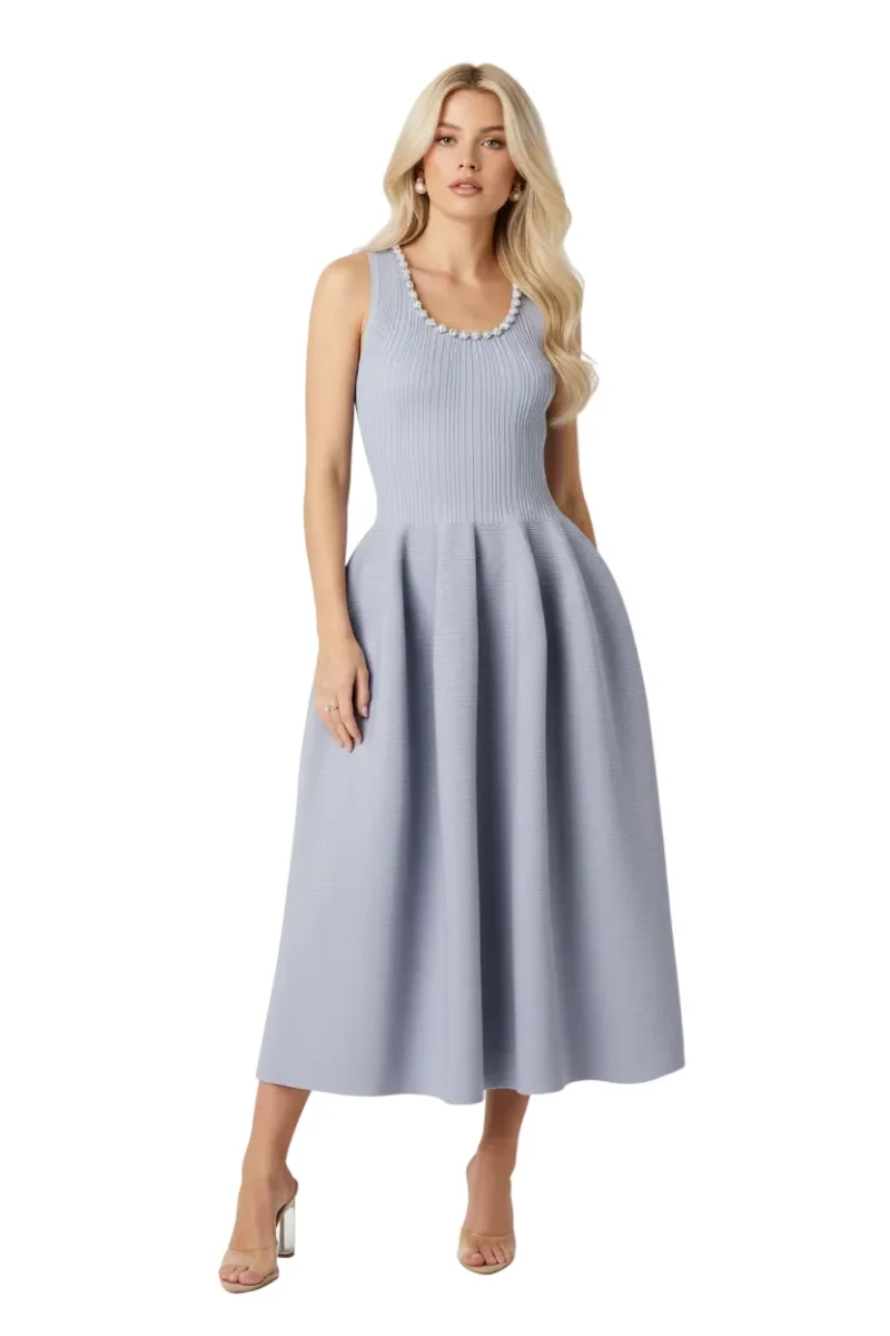 Self-Portrait Light Blue Crystal Embellished Ribbed Stretch Knit Midi Dress - Imagen 2