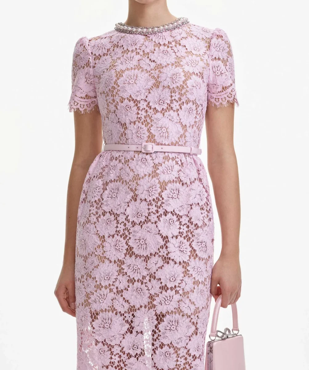 Self-Portrait Pink Floral Lace Pearl Embellished Neck Belted Midi Dress - Imagen 4