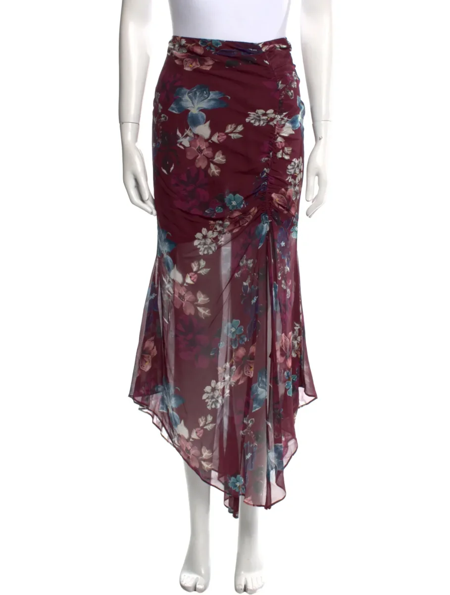 Nicholas Burgundy Floral Ruched Silk Asymmetric Skirt - Imagen 6