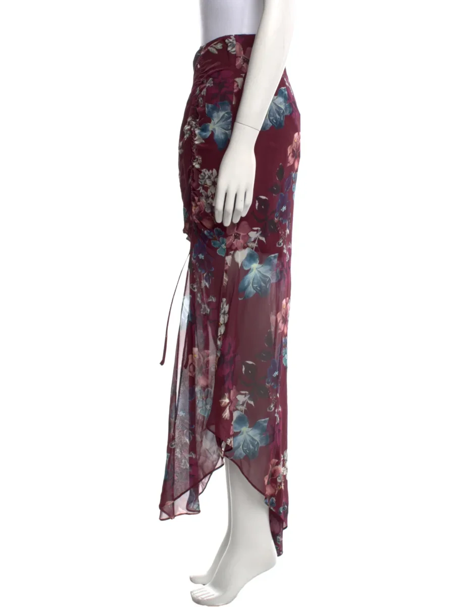 Nicholas Burgundy Floral Ruched Silk Asymmetric Skirt - Imagen 8