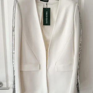 DAVID KOMA Silver Sequin Panel Side Detail White Blazer Jacket