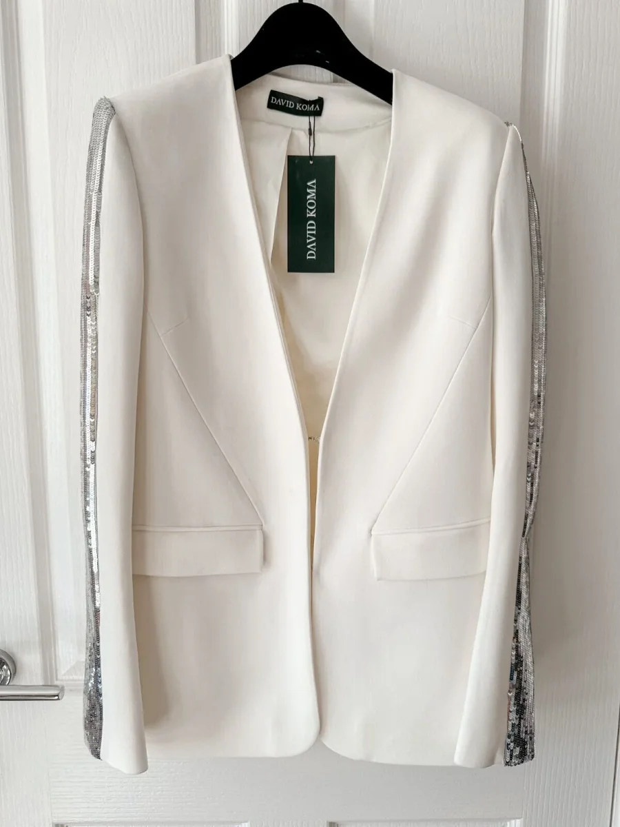DAVID KOMA Silver Sequin Panel Side Detail White Blazer Jacket