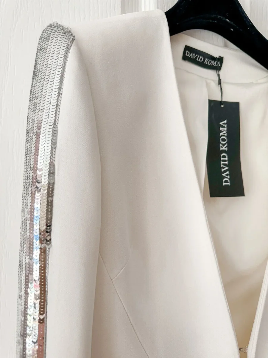 DAVID KOMA Silver Sequin Panel Side Detail White Blazer Jacket - Imagen 4