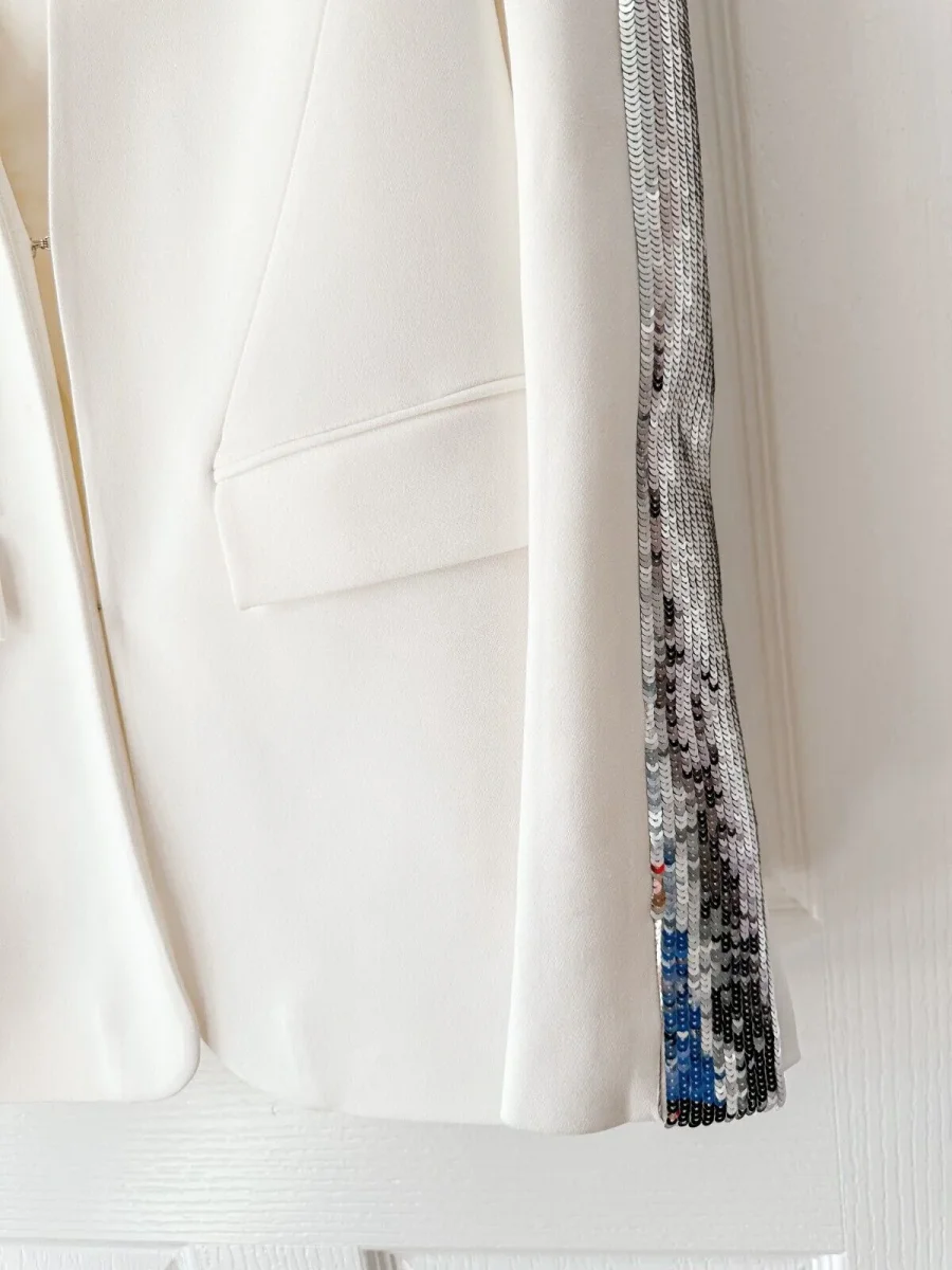 DAVID KOMA Silver Sequin Panel Side Detail White Blazer Jacket - Imagen 8