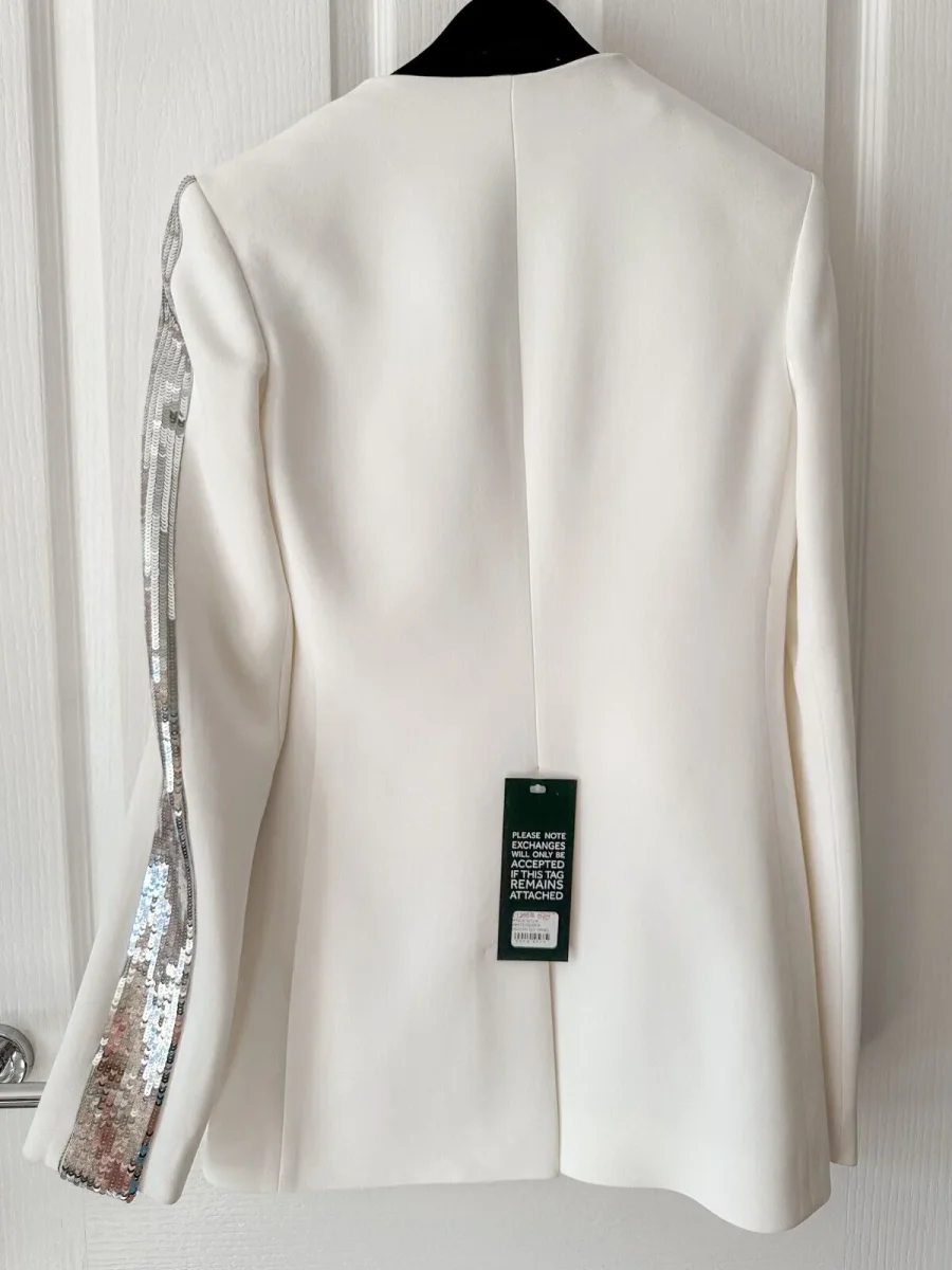 DAVID KOMA Silver Sequin Panel Side Detail White Blazer Jacket - Imagen 7