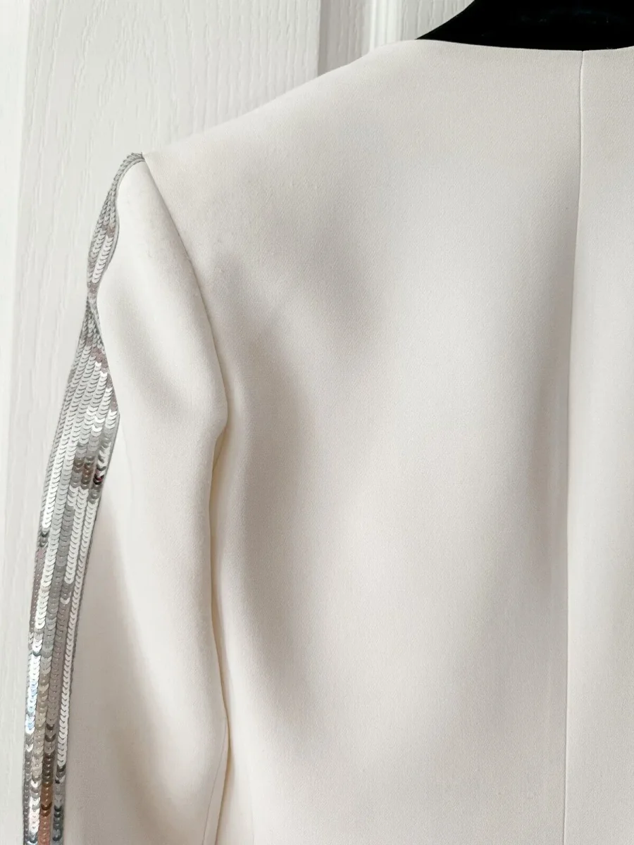 DAVID KOMA Silver Sequin Panel Side Detail White Blazer Jacket - Imagen 6