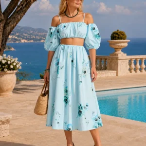 Zimmermann Off Shoulder Floral Lightburst Crop Top