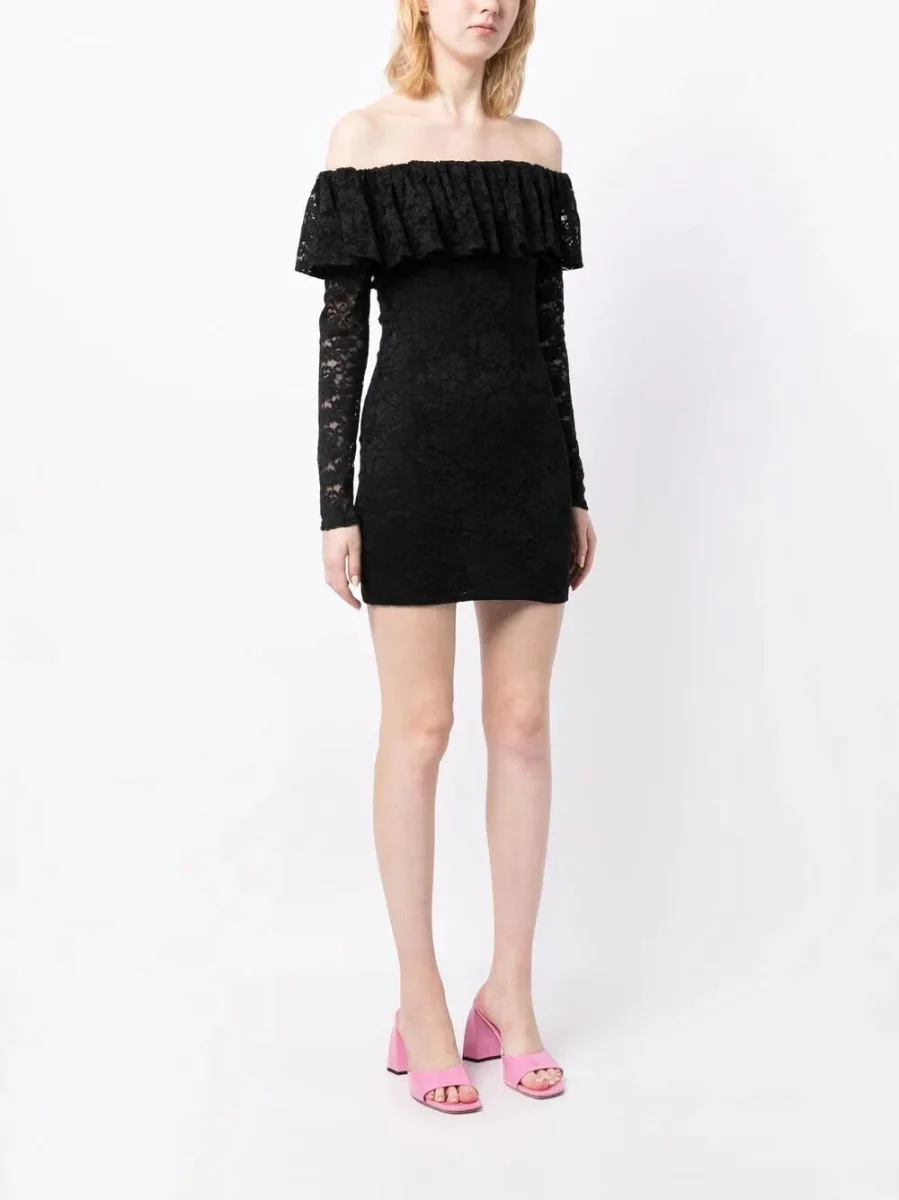 CAROLINE CONSTAS Alessia Black Floral Lace Off Shoulder Mini Dress - Imagen 7