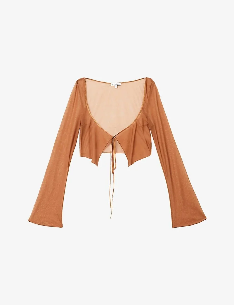 MIRROR PALAIS Caramel Brown Sheer Silk Tie Corset Cover Top - Imagen 2