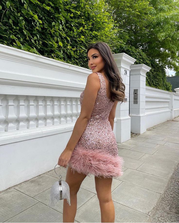 Nadine Merabi Pink Evie Pearl Sequin Embellished Feather Trim Mini Dress - Imagen 9