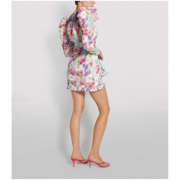 Alessandra Rich Floral Print Taffeta Bow Front Ruffle Detail Mini Dress - Imagen 5