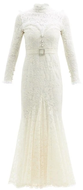 Alessandra Rich White High Neck Sweetheart Floral Lace Pearl Button Wedding Dress - Imagen 4