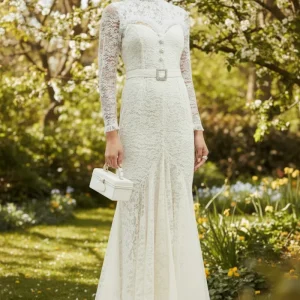 Alessandra Rich White High Neck Sweetheart Floral Lace Pearl Button Wedding Dress