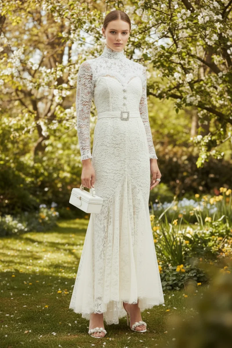 Alessandra Rich White High Neck Sweetheart Floral Lace Pearl Button Wedding Dress