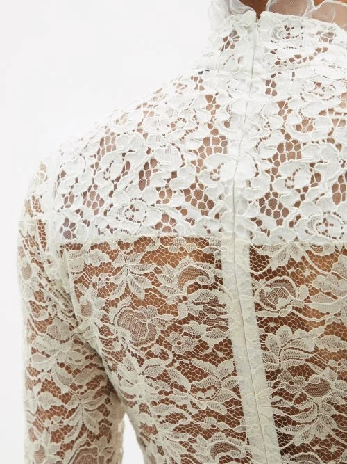 Alessandra Rich White High Neck Sweetheart Floral Lace Pearl Button Wedding Dress - Imagen 7