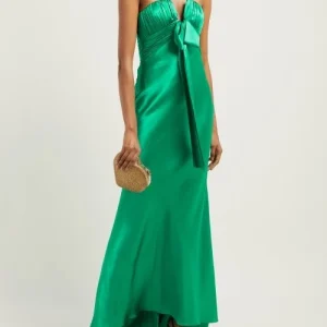 Alessandra Rich Emerald Green Satin Silk Charmeuse Ruched Strapless Gown
