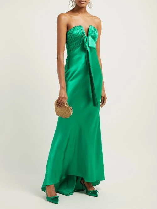 Alessandra Rich Emerald Green Satin Silk Charmeuse Ruched Strapless Gown