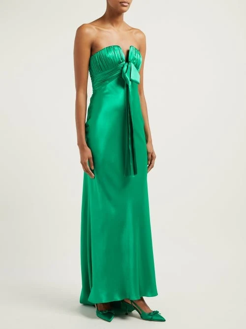 Alessandra Rich Emerald Green Satin Silk Charmeuse Ruched Strapless Gown - Imagen 4