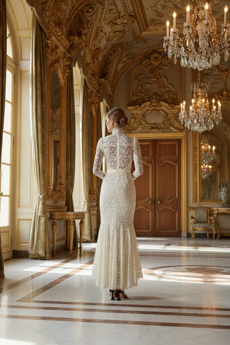 Alessandra Rich White High Neck Sweetheart Floral Lace Pearl Button Wedding Dress - Imagen 3