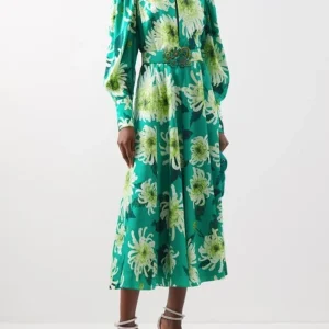 Andrew GN Green Floral Pure Silk Woven Balloon Sleeve Midi Dress